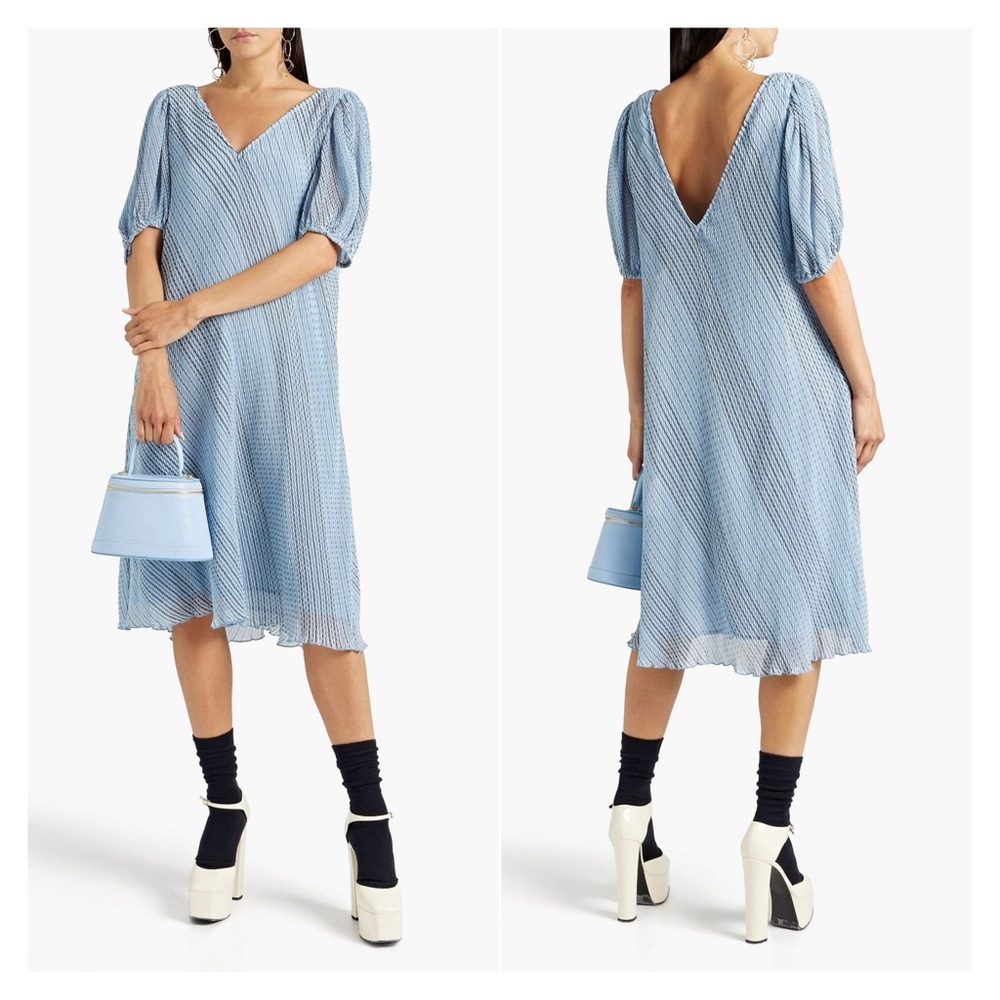 New! GANNI • Pleated Georgette Midi Dress in Heather